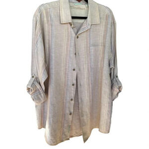 Caribbean Joe Men's UPF30 Linen Blend Multicolored Striped Shirt Size XL